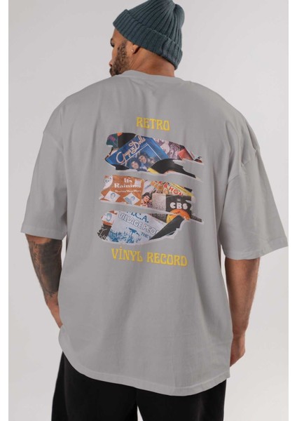 Retro Design Arka Baskılı Gri Oversize T-Shirt Unisex Erkek Kadın Bisiklet Yaka indirimleri