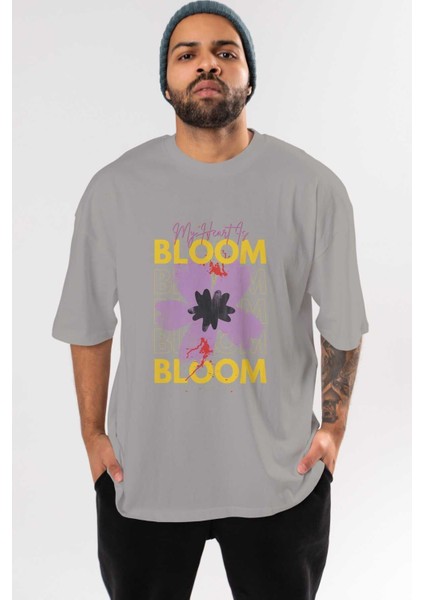 Bloom Yazılı Ön Baskılı Gri Oversize T-Shirt Unisex Erkek Kadın Bisiklet Yaka