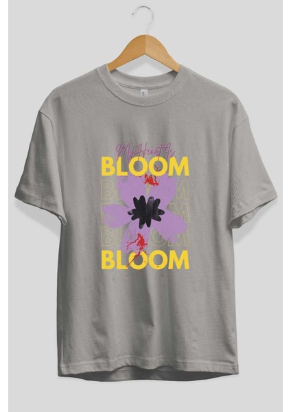 Bloom Yazılı Ön Baskılı Gri Oversize T-Shirt Unisex Erkek Kadın Bisiklet Yaka fiyatları