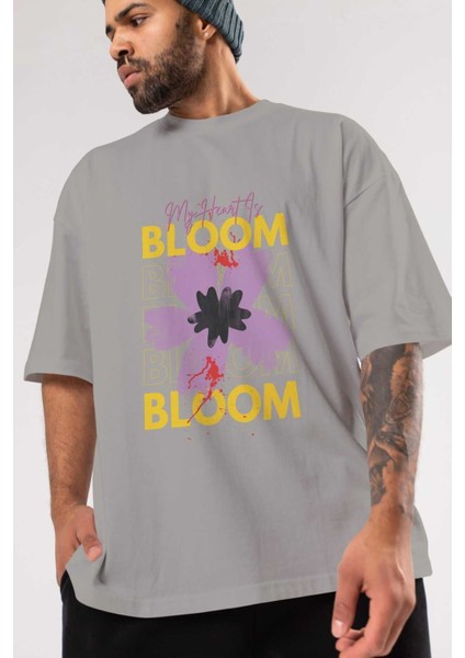 Bloom Yazılı Ön Baskılı Gri Oversize T-Shirt Unisex Erkek Kadın Bisiklet Yaka modelleri