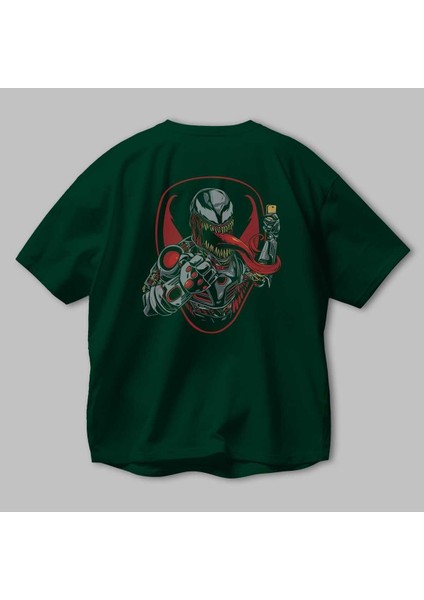Venom (17) Arka Baskılı Zümrüt Yeşili Oversize T-Shirt Bisiklet Yaka Erkek Kadın modelleri