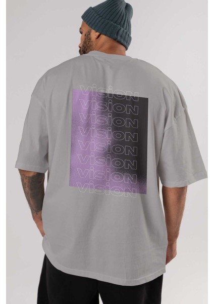 Vision Yazılı Arka Baskılı Gri Oversize T-Shirt Unisex Erkek Kadın Bisiklet Yaka indirimleri