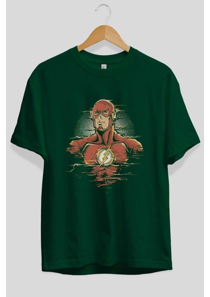 Flash Avengers Ön Baskılı Zümrüt Yeşili Oversize T-Shirt Bisiklet Yaka Pamuk Erkek Kadın