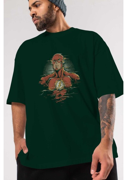 Flash Avengers Ön Baskılı Zümrüt Yeşili Oversize T-Shirt Bisiklet Yaka Pamuk Erkek Kadın