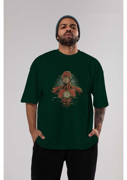 Flash Avengers Ön Baskılı Zümrüt Yeşili Oversize T-Shirt Bisiklet Yaka Pamuk Erkek Kadın