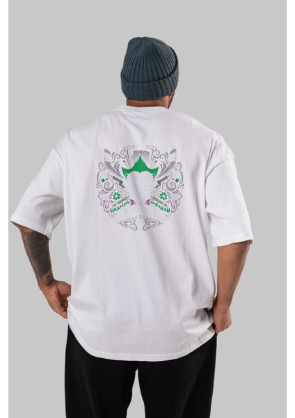 Joker (2) Arka Baskılı Beyaz Oversize T-Shirt Bisiklet Yaka Pamuk Erkek Kadın
