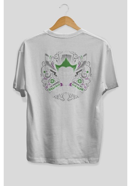 Joker (2) Arka Baskılı Beyaz Oversize T-Shirt Bisiklet Yaka Pamuk Erkek Kadın fiyatları