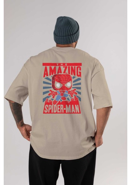 Spiderman (20) Arka Baskılı Bej Oversize T-Shirt Bisiklet Yaka Pamuk Erkek Kadın