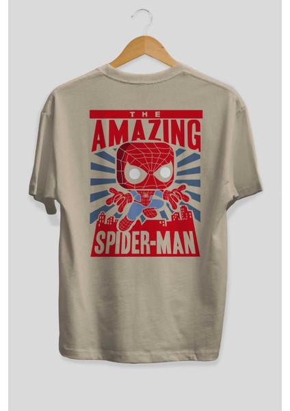 Spiderman (20) Arka Baskılı Bej Oversize T-Shirt Bisiklet Yaka Pamuk Erkek Kadın fiyatları