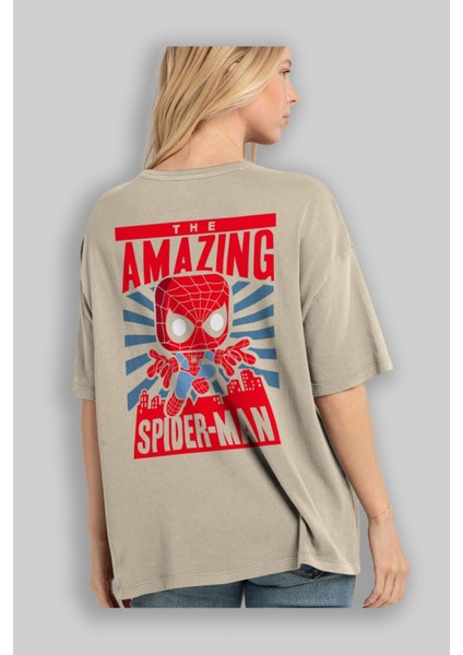 Spiderman (20) Arka Baskılı Bej Oversize T-Shirt Bisiklet Yaka Pamuk Erkek Kadın modelleri