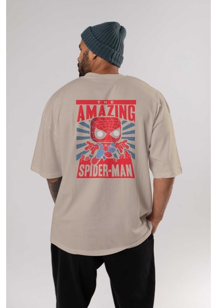 Spiderman (20) Arka Baskılı Bej Oversize T-Shirt Bisiklet Yaka Pamuk Erkek Kadın fırsatları