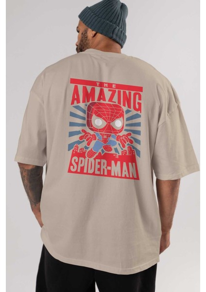 Spiderman (20) Arka Baskılı Bej Oversize T-Shirt Bisiklet Yaka Pamuk Erkek Kadın indirimleri
