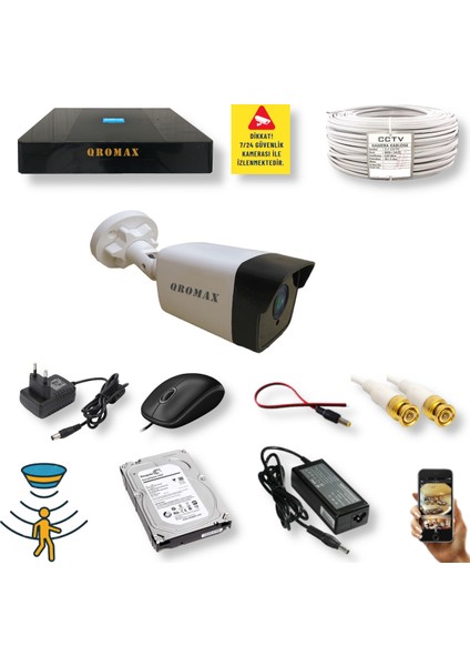 1 Kameralı Set - Hareket Algılayan Gece Görüşlü 5 MP Sony Lensli FullHD Güvenlik Kamerası Seti 5136-9004