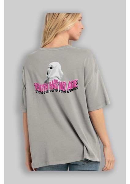 Youth Has No Age Arka Baskılı Gri Oversize T-Shirt Unisex Erkek Kadın Bisiklet Yaka modelleri