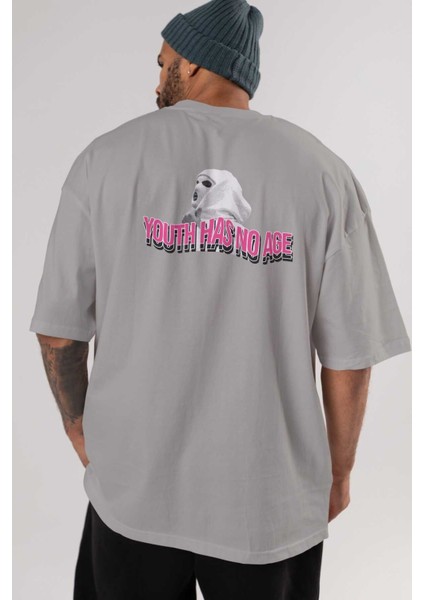 Youth Has No Age Arka Baskılı Gri Oversize T-Shirt Unisex Erkek Kadın Bisiklet Yaka indirimleri