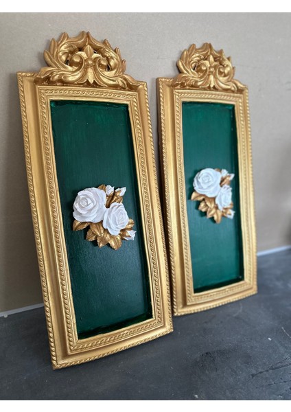 Zümrüt Yeşil Gül Detaylı Altın Tablo 2li Set 50 cm modelleri