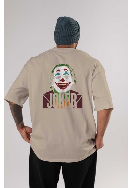 Joker (10) Arka Baskılı Bej Oversize T-Shirt Bisiklet Yaka Pamuk Erkek Kadın