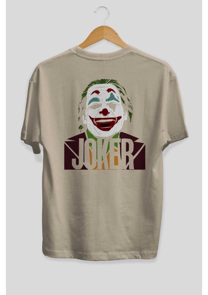 Joker (10) Arka Baskılı Bej Oversize T-Shirt Bisiklet Yaka Pamuk Erkek Kadın fiyatları