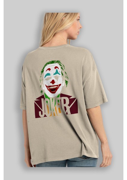 Joker (10) Arka Baskılı Bej Oversize T-Shirt Bisiklet Yaka Pamuk Erkek Kadın modelleri