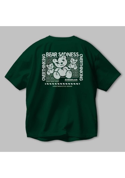 Bear Sadness 2 Arka Baskılı Zümrüt Yeşili Oversize T-Shirt Unisex Erkek Kadın Bisiklet Yaka modelleri
