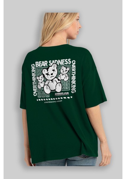 Bear Sadness 2 Arka Baskılı Zümrüt Yeşili Oversize T-Shirt Unisex Erkek Kadın Bisiklet Yaka fırsatları