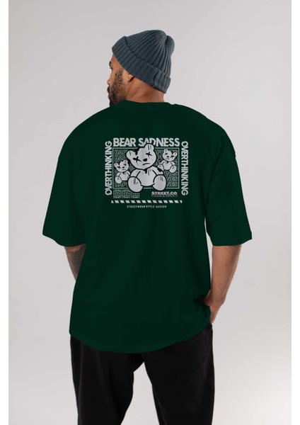 Bear Sadness 2 Arka Baskılı Zümrüt Yeşili Oversize T-Shirt Unisex Erkek Kadın Bisiklet Yaka indirimleri