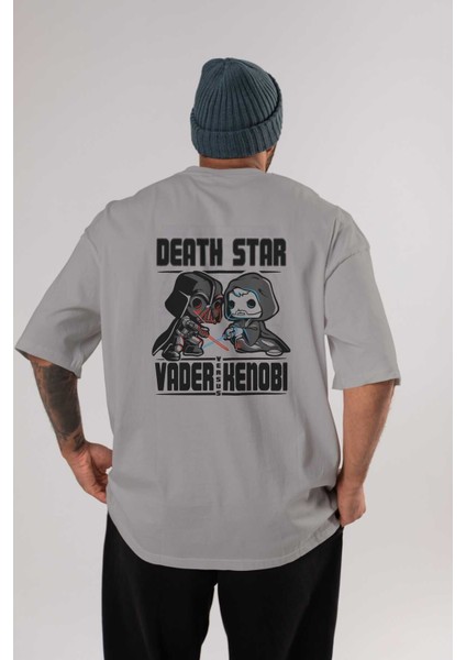 Vader Kenobi Arka Baskılı Gri Oversize T-Shirt Bisiklet Yaka Pamuk Erkek Kadın