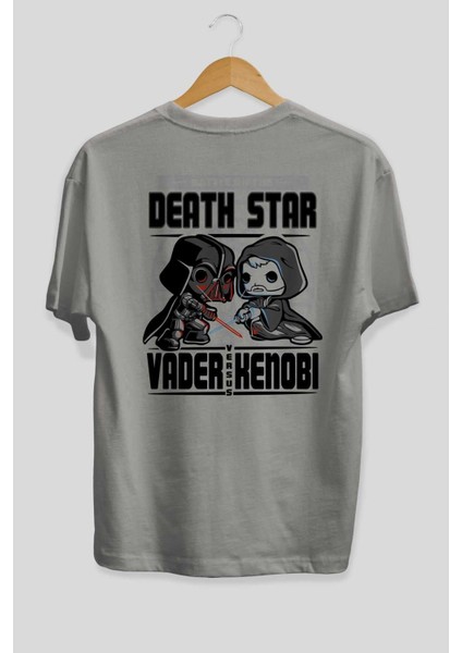 Vader Kenobi Arka Baskılı Gri Oversize T-Shirt Bisiklet Yaka Pamuk Erkek Kadın fiyatları