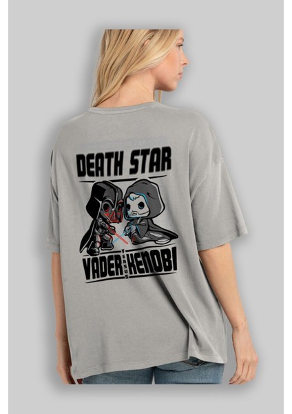 Vader Kenobi Arka Baskılı Gri Oversize T-Shirt Bisiklet Yaka Pamuk Erkek Kadın modelleri