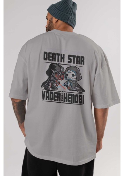 Vader Kenobi Arka Baskılı Gri Oversize T-Shirt Bisiklet Yaka Pamuk Erkek Kadın indirimleri