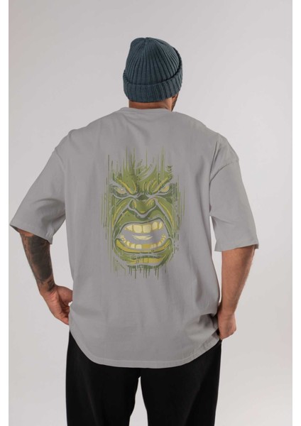 Hulk (3) Arka Baskılı Gri Oversize T-Shirt Bisiklet Yaka Pamuk Erkek Kadın