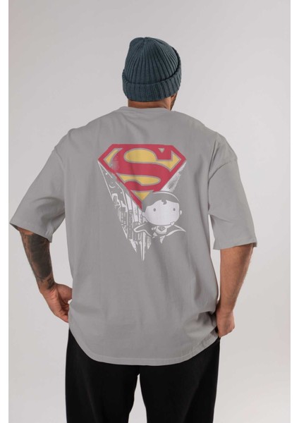 Superman Arka Baskılı Gri Oversize T-Shirt Bisiklet Yaka Pamuk Erkek Kadın