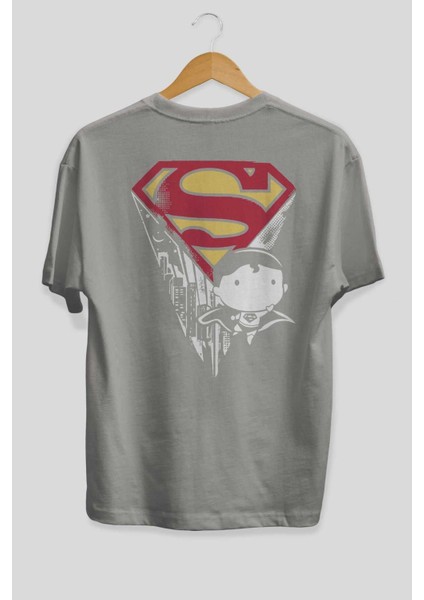Superman Arka Baskılı Gri Oversize T-Shirt Bisiklet Yaka Pamuk Erkek Kadın fiyatları