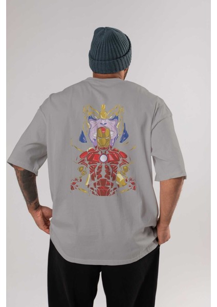 Iron Man (3) Arka Baskılı Gri Oversize T-Shirt Bisiklet Yaka Pamuk Erkek Kadın