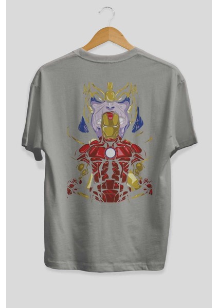 Iron Man (3) Arka Baskılı Gri Oversize T-Shirt Bisiklet Yaka Pamuk Erkek Kadın
