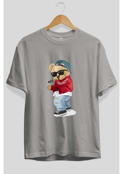 Teddy Bear Şarkıcı Ön Baskılı Gri Oversize T-Shirt Unisex Erkek Kadın Bisiklet Yaka fiyatları