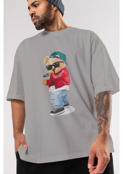 Teddy Bear Şarkıcı Ön Baskılı Gri Oversize T-Shirt Unisex Erkek Kadın Bisiklet Yaka modelleri