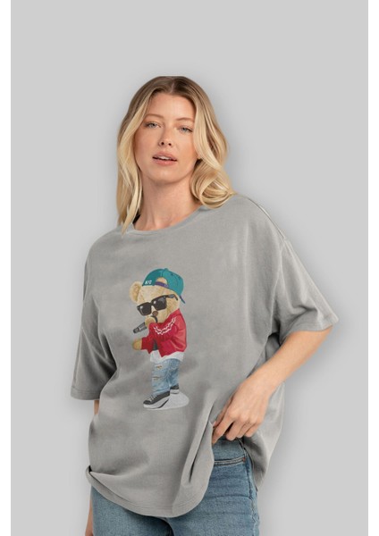 Teddy Bear Şarkıcı Ön Baskılı Gri Oversize T-Shirt Unisex Erkek Kadın Bisiklet Yaka fırsatları