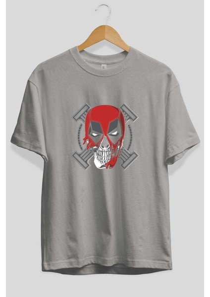 Deadpool (7) Ön Baskılı Gri Oversize T-Shirt Bisiklet Yaka Pamuk Erkek Kadın fiyatları