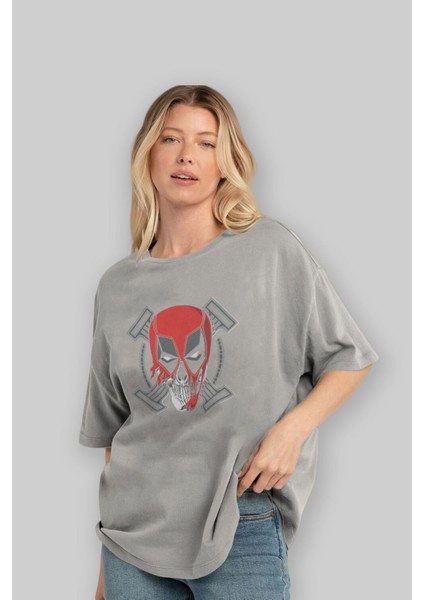 Deadpool (7) Ön Baskılı Gri Oversize T-Shirt Bisiklet Yaka Pamuk Erkek Kadın fırsatları
