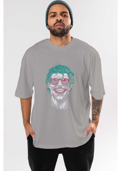 Joker 1 Ön Baskılı Gri Oversize T-Shirt Bisiklet Yaka Pamuk Erkek Kadın