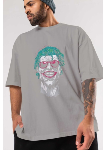 Joker 1 Ön Baskılı Gri Oversize T-Shirt Bisiklet Yaka Pamuk Erkek Kadın modelleri