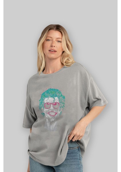 Joker 1 Ön Baskılı Gri Oversize T-Shirt Bisiklet Yaka Pamuk Erkek Kadın fırsatları