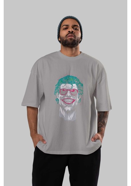 Joker 1 Ön Baskılı Gri Oversize T-Shirt Bisiklet Yaka Pamuk Erkek Kadın indirimleri
