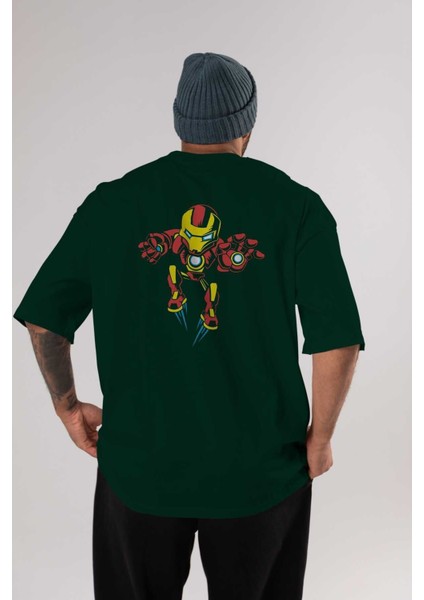 Iron Man (1) Arka Baskılı Zümrüt Yeşili Oversize T-Shirt Bisiklet Yaka Erkek Kadın