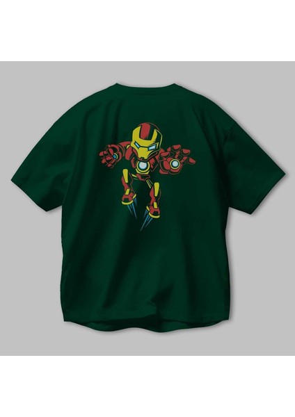 Iron Man (1) Arka Baskılı Zümrüt Yeşili Oversize T-Shirt Bisiklet Yaka Erkek Kadın