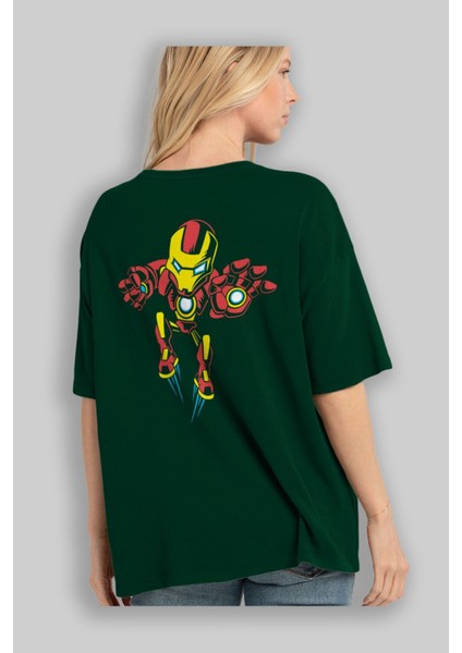 Iron Man (1) Arka Baskılı Zümrüt Yeşili Oversize T-Shirt Bisiklet Yaka Erkek Kadın