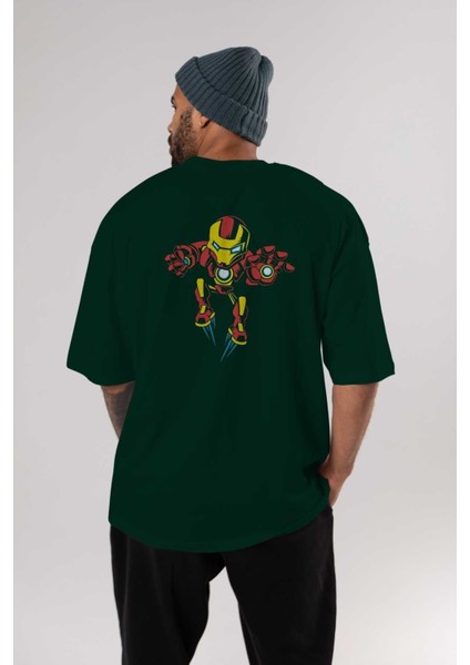 Iron Man (1) Arka Baskılı Zümrüt Yeşili Oversize T-Shirt Bisiklet Yaka Erkek Kadın