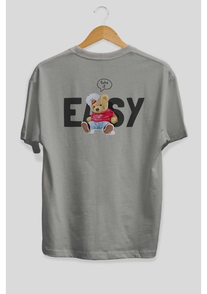 Teddy Bear Easy Arka Baskılı Gri Oversize T-Shirt Unisex Erkek Kadın Bisiklet Yaka fiyatları