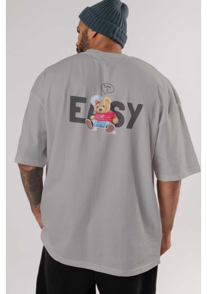 Teddy Bear Easy Arka Baskılı Gri Oversize T-Shirt Unisex Erkek Kadın Bisiklet Yaka indirimleri